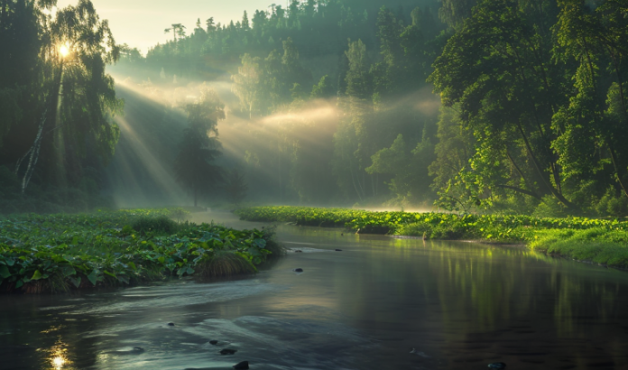 Forest river in morning mist